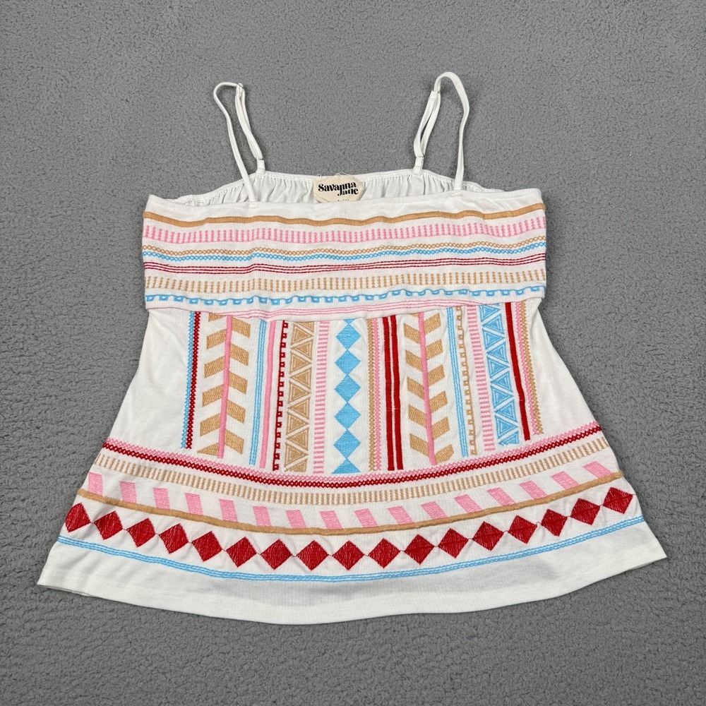 Savanna Jane Boho Tank Top Womens L White Embroidered Cami Festival Hippie Artsy